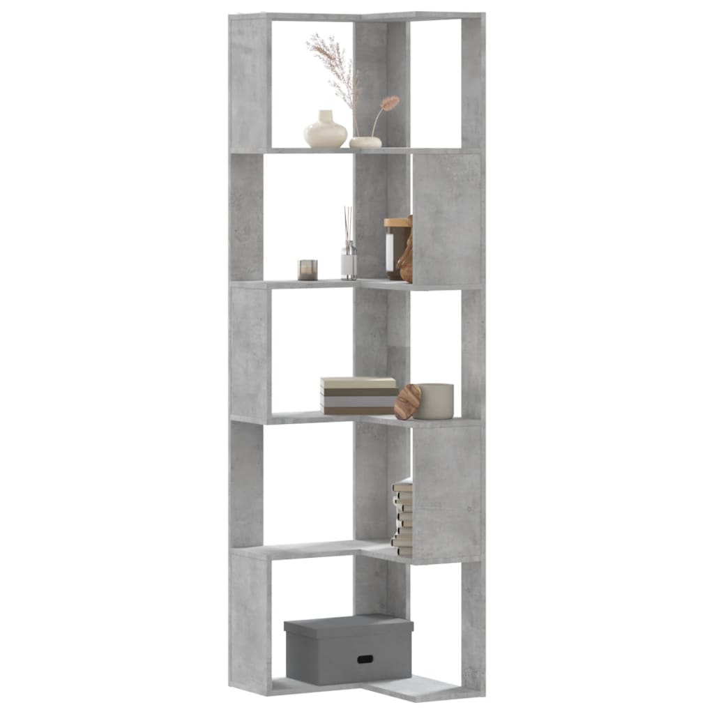 5 szintes betonszürke szerelt fa sarok könyvespolc 50x50x179 cm