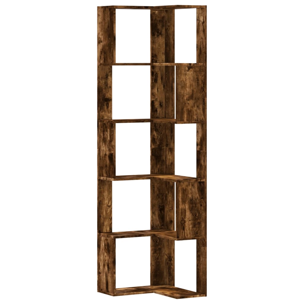 5 szintes füstös tölgy szerelt fa sarok könyvespolc 50x50x179cm