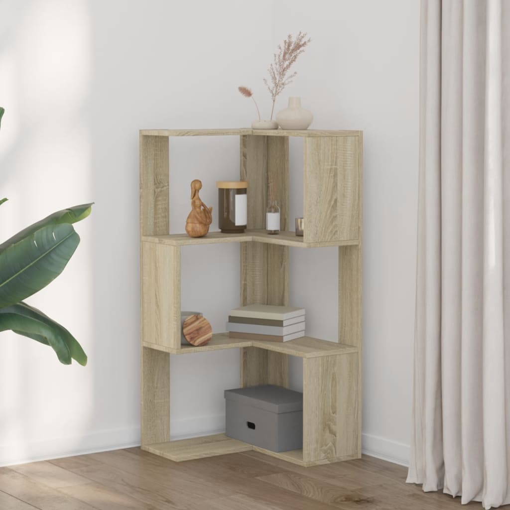 3 szintes sonoma tölgy szerelt fa sarok könyvespolc 50x50x102cm