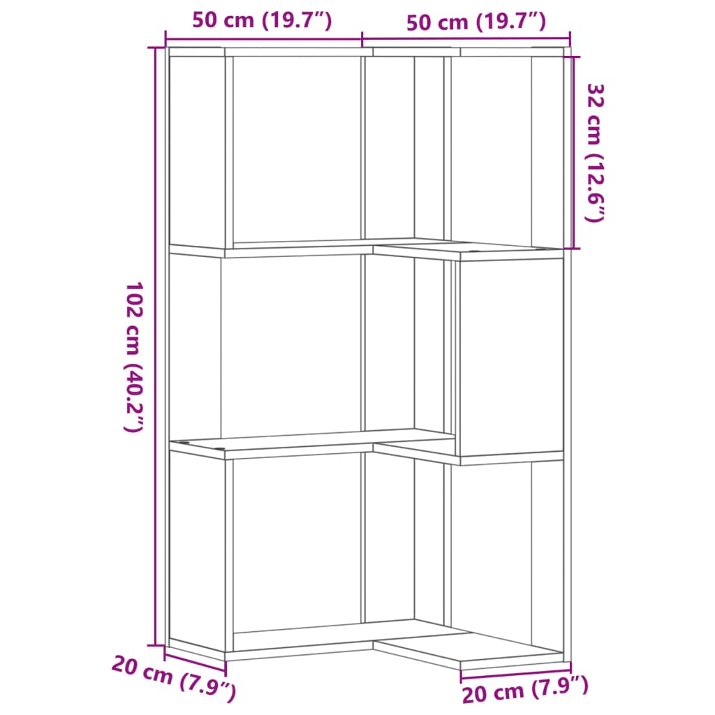 3 szintes betonszürke szerelt fa sarok könyvespolc 50x50x102 cm
