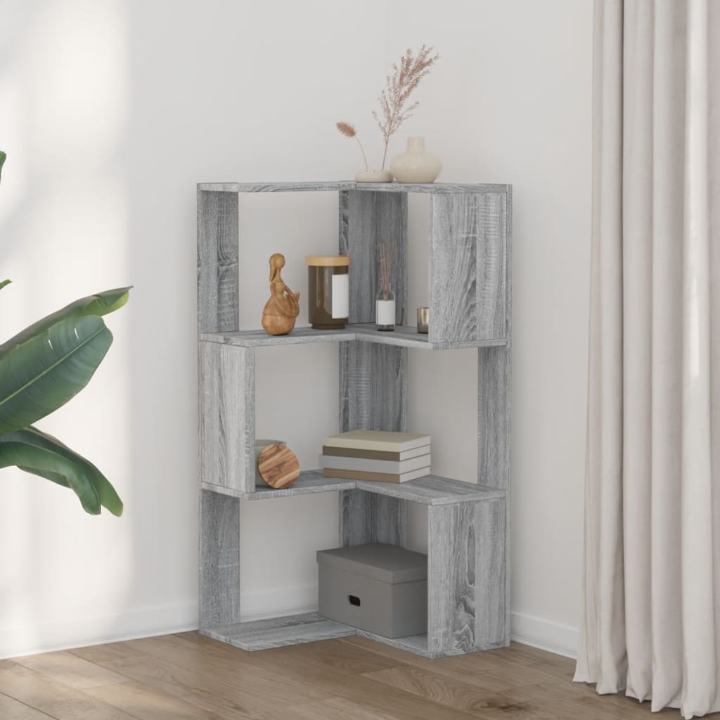 3 szintes szürke szerelt fa sarok könyvespolc 50 x 50 x 102 cm