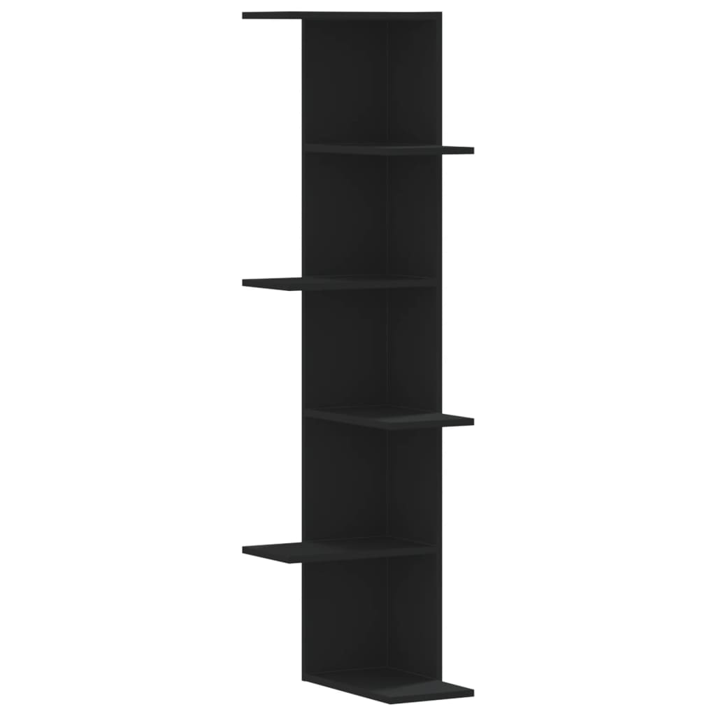 fekete szerelt fa fali sarokpolc 36,5 x 36,5 x 140 cm