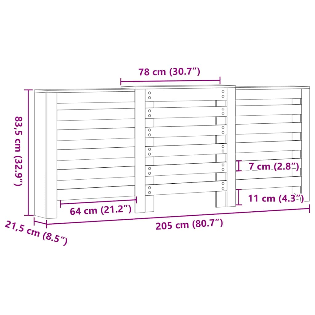 betonszürke szerelt fa radiátorburkolat 205 x 21,5 x 83,5 cm