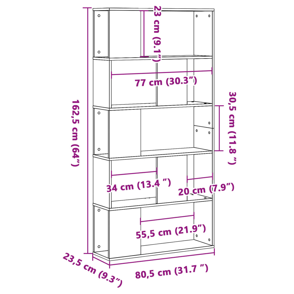 5 szintes antik fa színű fa könyvespolc 80,5 x 23,5 x 162,5 cm