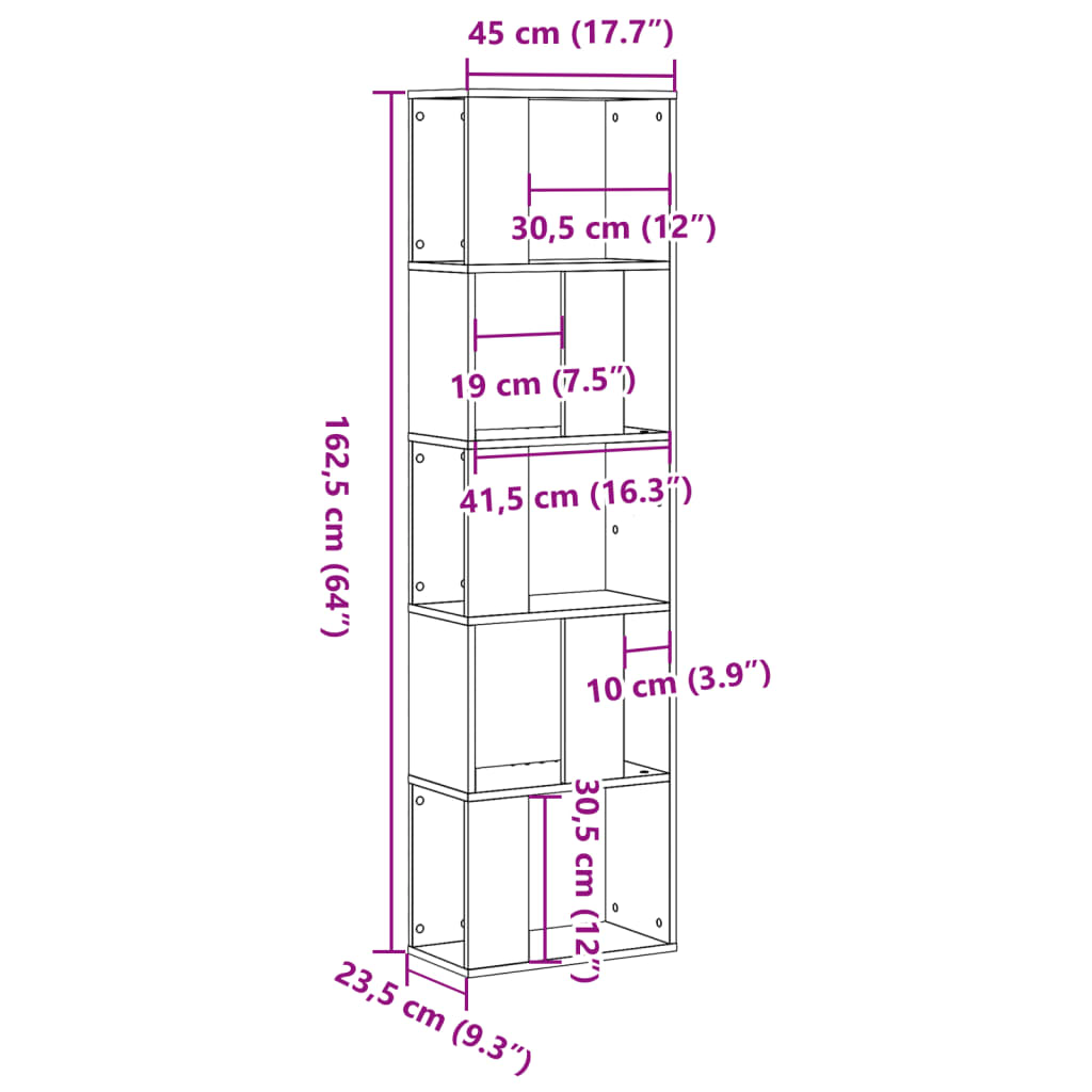 5 szintes barna tölgy szerelt fa könyvespolc 45x23,5x162,5 cm