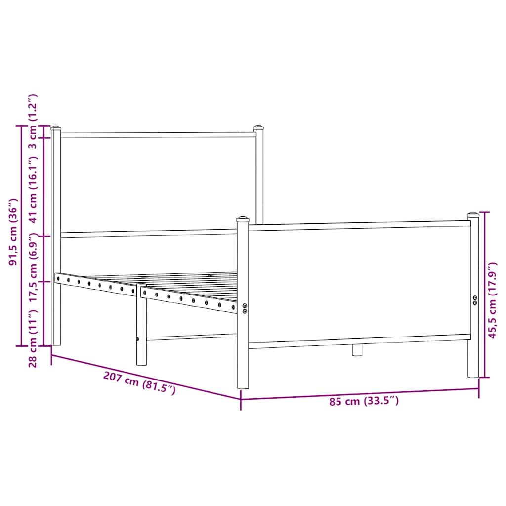 füstös tölgy színű fém ágykeret matrac nélkül 80 x 200 cm