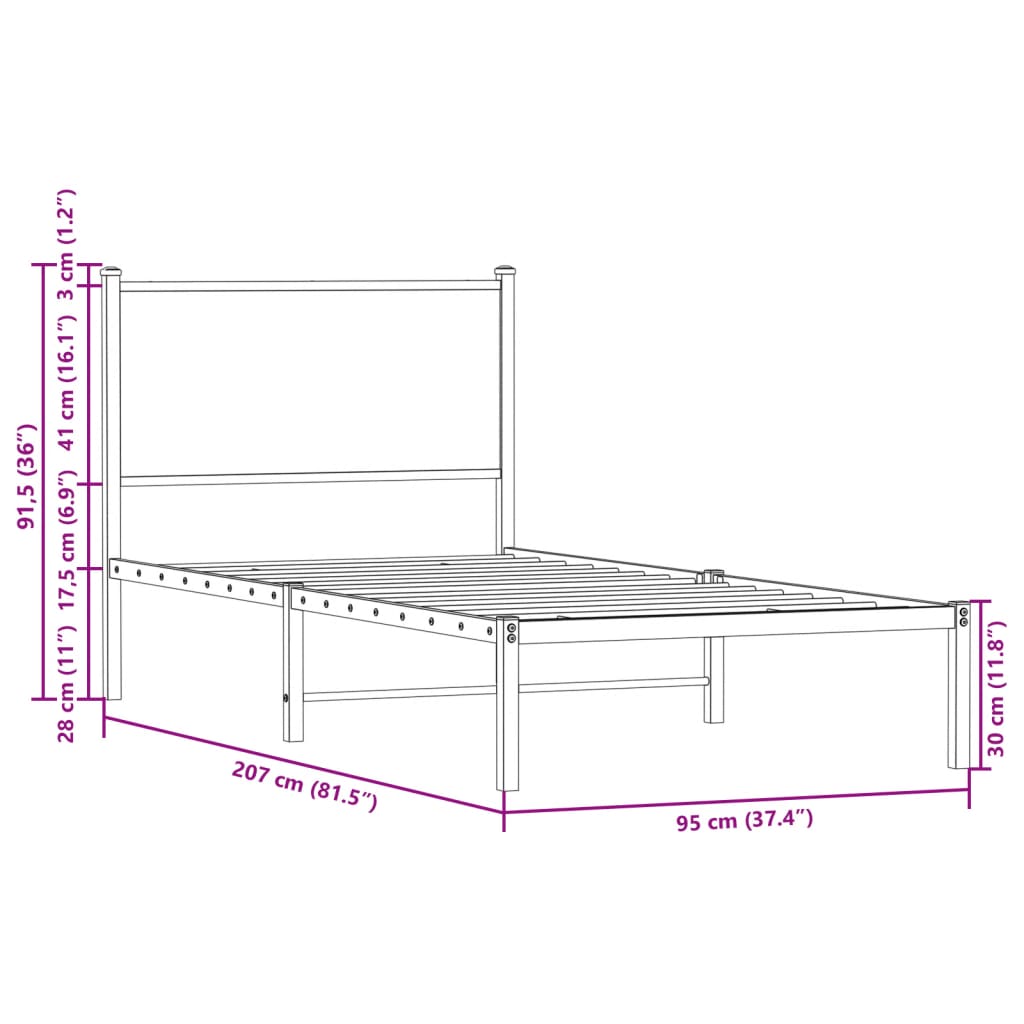 barna tölgy színű fém ágykeret matrac nélkül 90 x 200 cm
