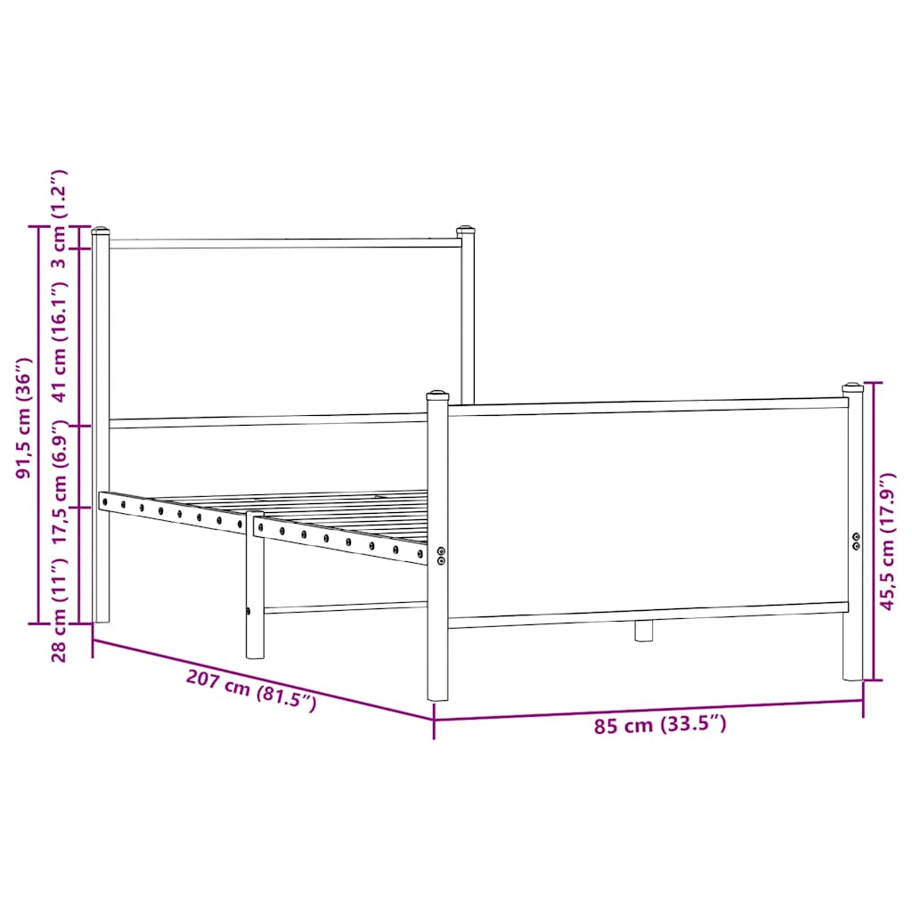 barna tölgy színű fém ágykeret matrac nélkül 80 x 200 cm