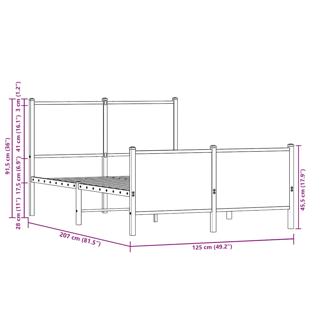 barna tölgy színű fém ágykeret matrac nélkül 120 x 200 cm