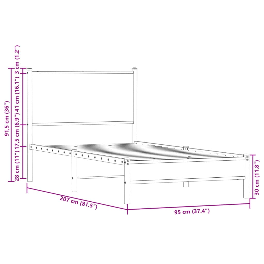 füstös tölgy színű fém ágykeret matrac nélkül 90 x 200 cm