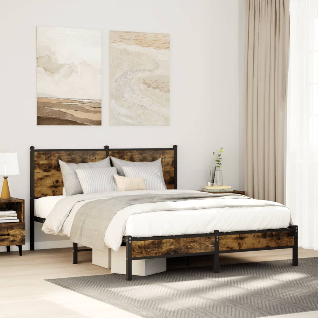 füstös tölgy színű fém ágykeret matrac nélkül 140 x 200 cm