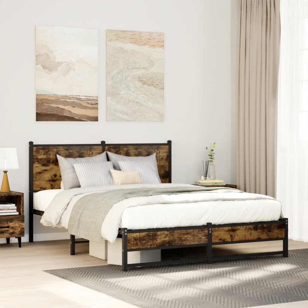 füstös tölgy színű fém ágykeret matrac nélkül 140 x 200 cm