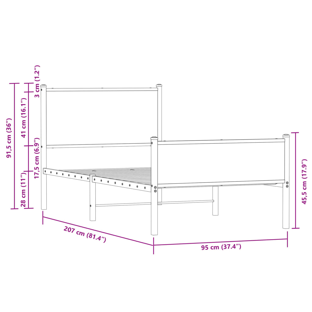 barna tölgy színű fém ágykeret matrac nélkül 90 x 200 cm