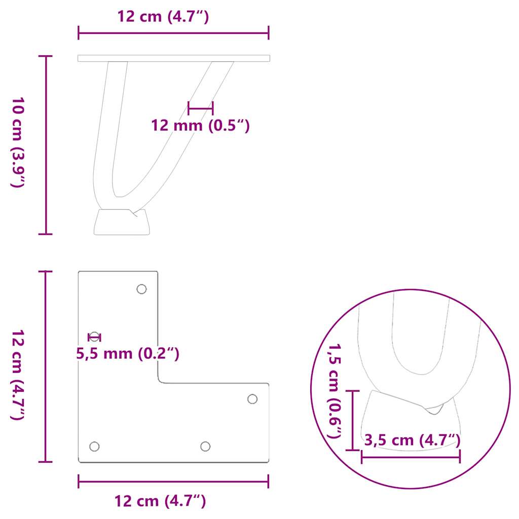 4 db fehér, tömör acél hajtűláb dohányzóasztalhoz, 10 cm