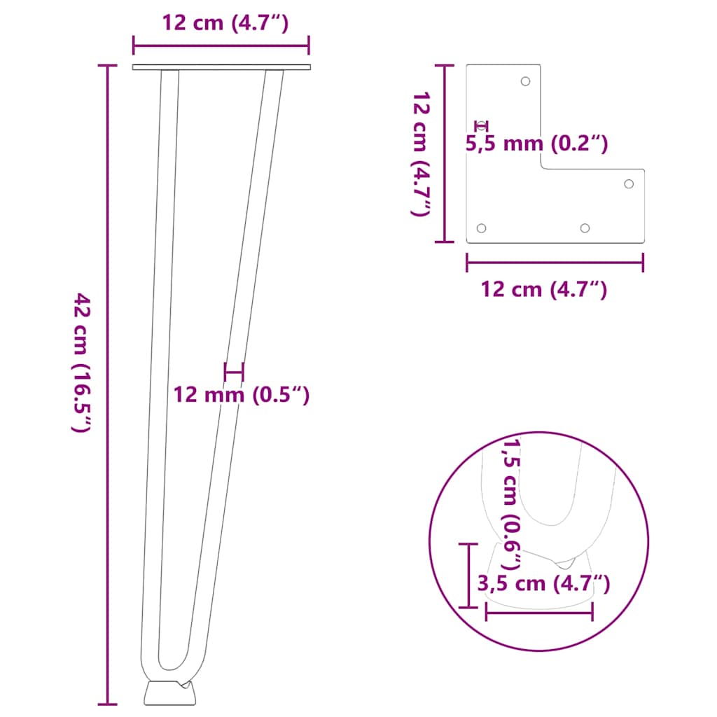 4 db antracitszürke hajtűláb dohányzóasztalhoz 42 cm tömör acél
