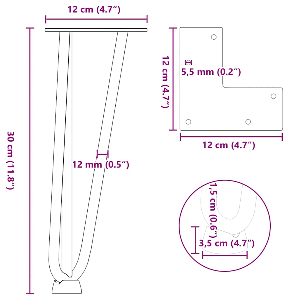 4 db natúr acél hajtűláb dohányzóasztalhoz 30 cm tömör acél