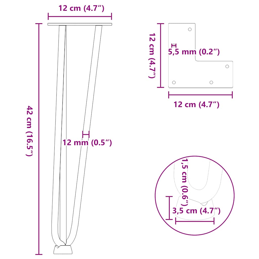 4 db fekete, tömör acél hajtűláb dohányzóasztalhoz 42 cm