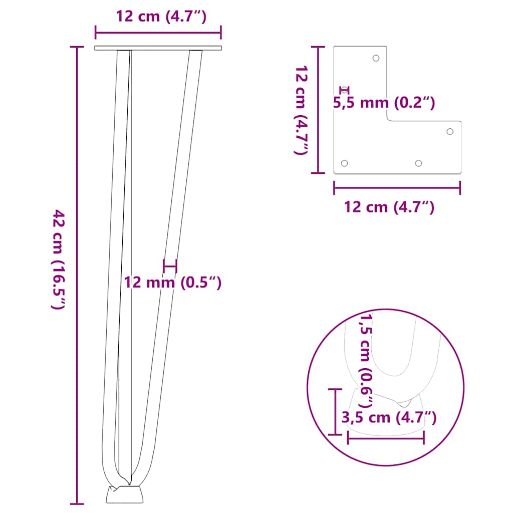 4 db fehér, tömör acél hajtűláb dohányzóasztalhoz 42 cm