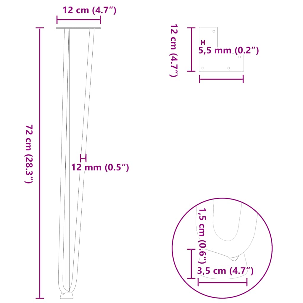 4 db-os hajtűlábak konzolasztalhoz, natúr acél, 72 cm, tömör acél