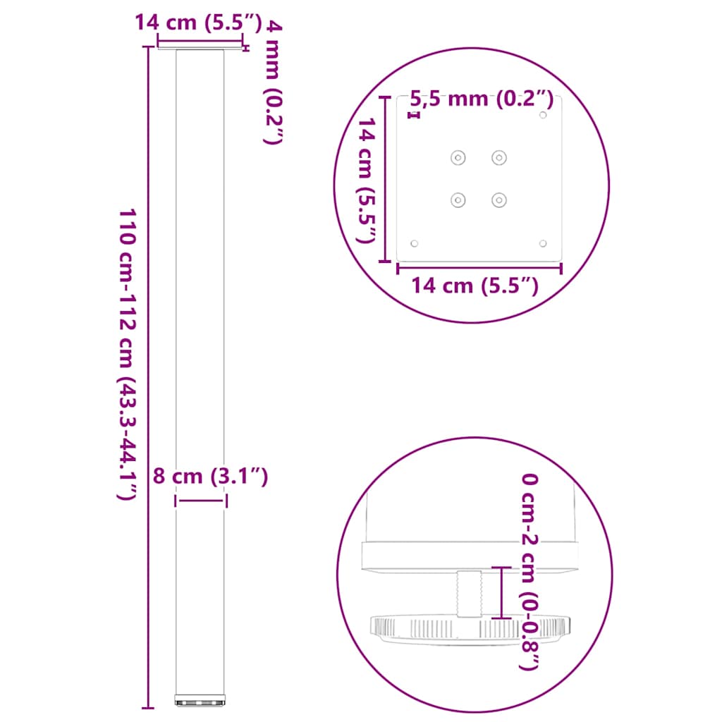 4 db fekete acél bárasztalláb 110-112 cm
