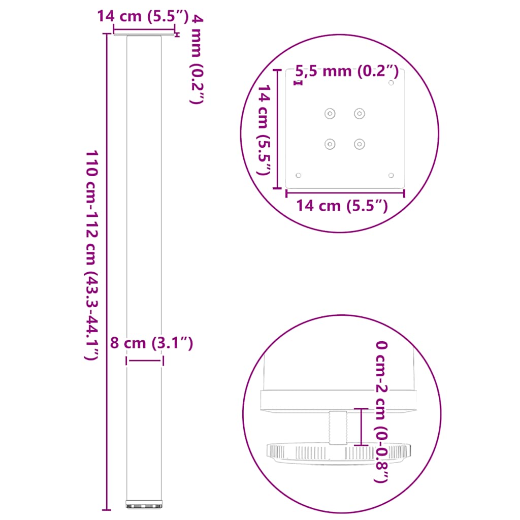 4 db natúr acél bárasztalláb 110-112 cm