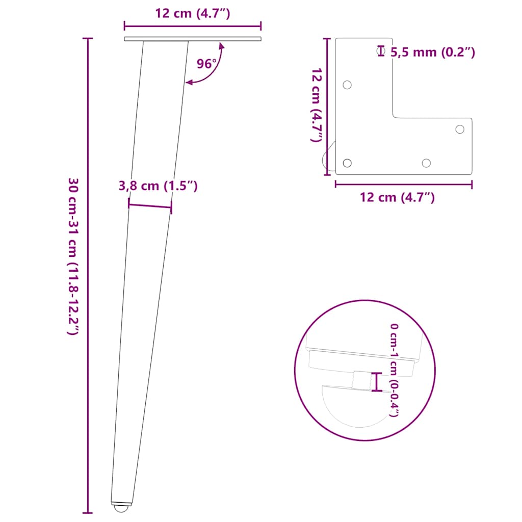 4 db kúpos alakú fekete acél dohányzóasztal láb 30-31 cm