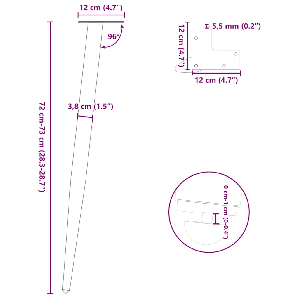 4 db antracitszürke kúpos alakú acél konzolasztal láb 72-73 cm