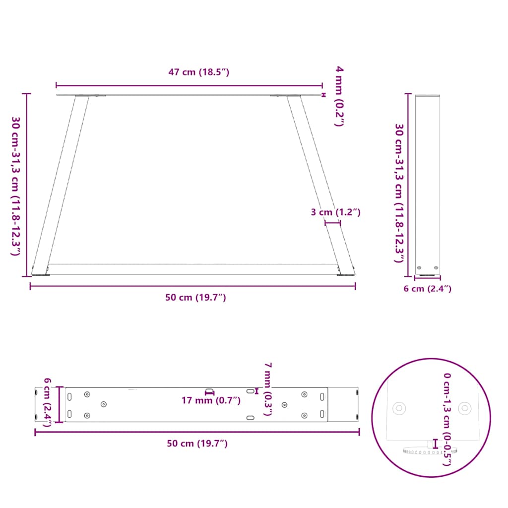 2 db fekete, V-alakú acél dohányzóasztal láb 50 x (30-31,3) cm