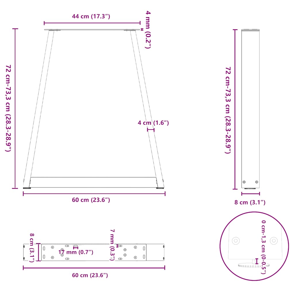 2 db fekete, V-alakú acél étkezőasztal láb 60 x (72-73,3) cm