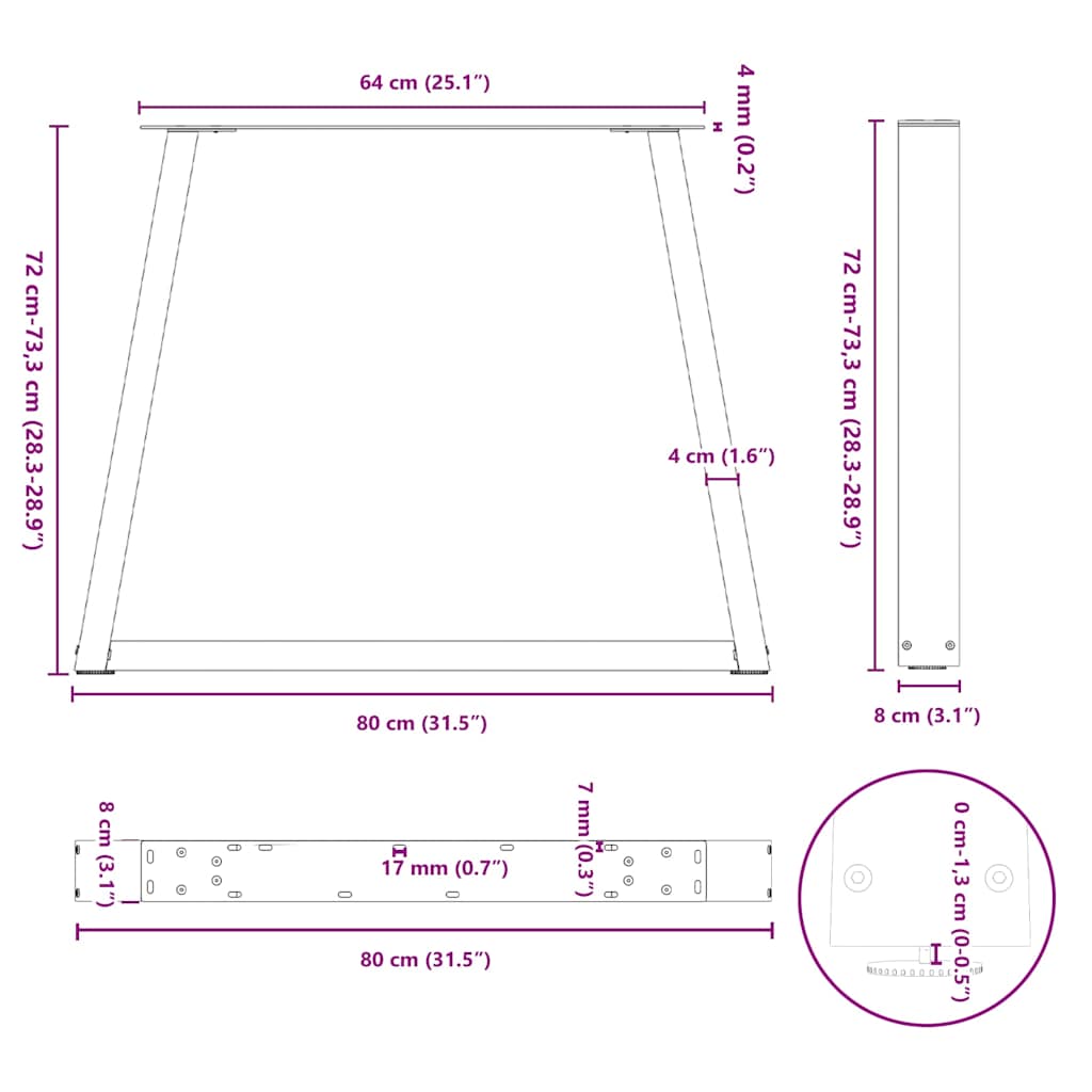 3 db antracitszürke, V-alakú acél étkezőasztalláb 80 x (72-73,3) cm