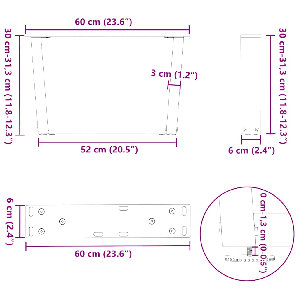 2 db fekete, V-alakú acél dohányzóasztal láb 60 x (30-31,3) cm