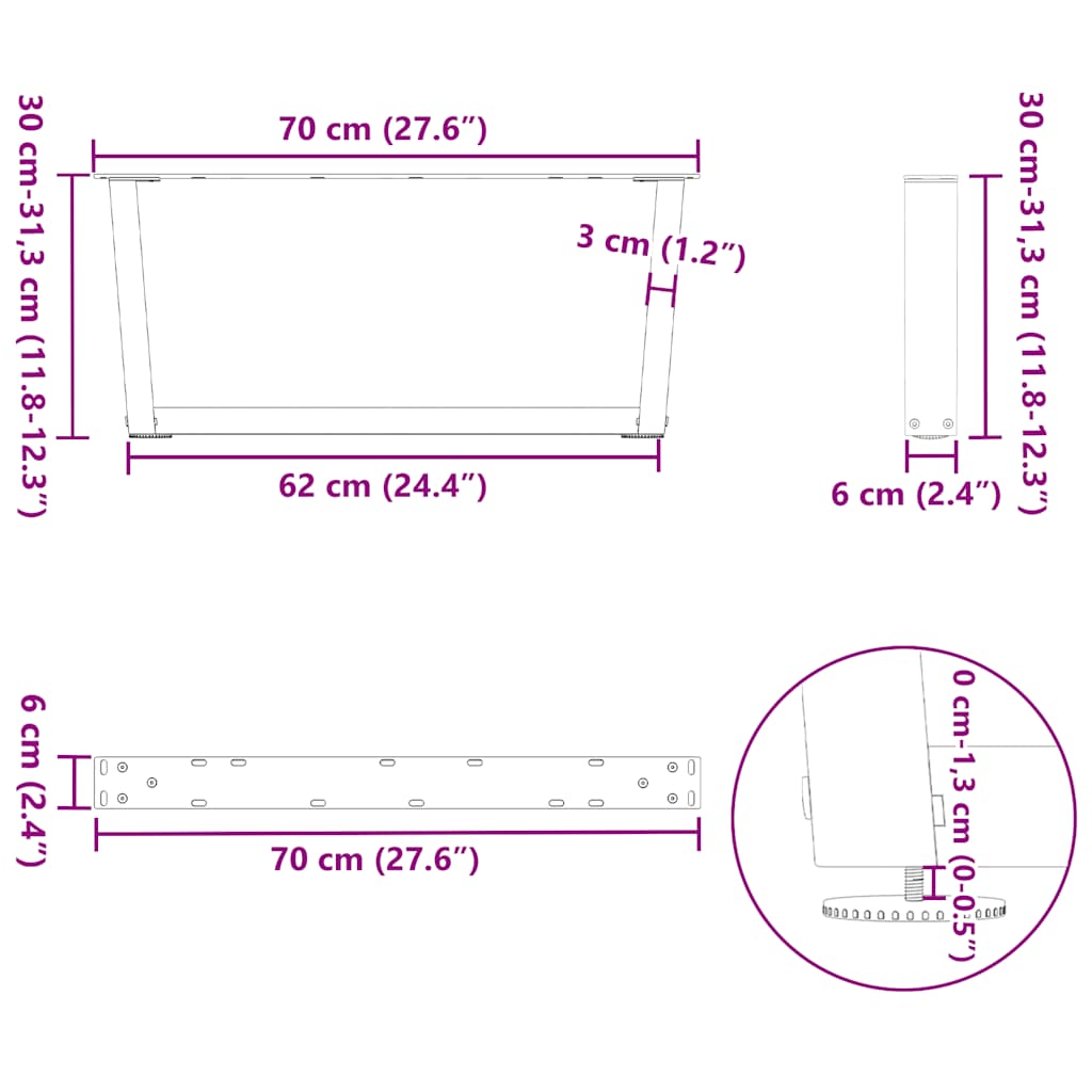 2 db V-alakú natúr acél dohányzóasztal láb 70 x (30-31,3) cm