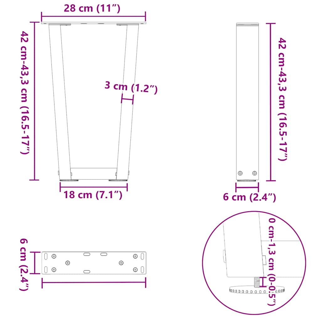 2 db fekete, V-alakú acél dohányzóasztal láb 28 x (42-43,3) cm
