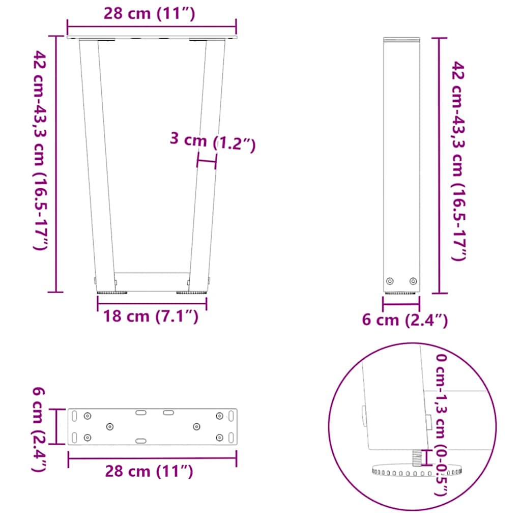 2 db antracitszürke, V-alakú acél dohányzóasztal láb 28 x (42-43,3) cm