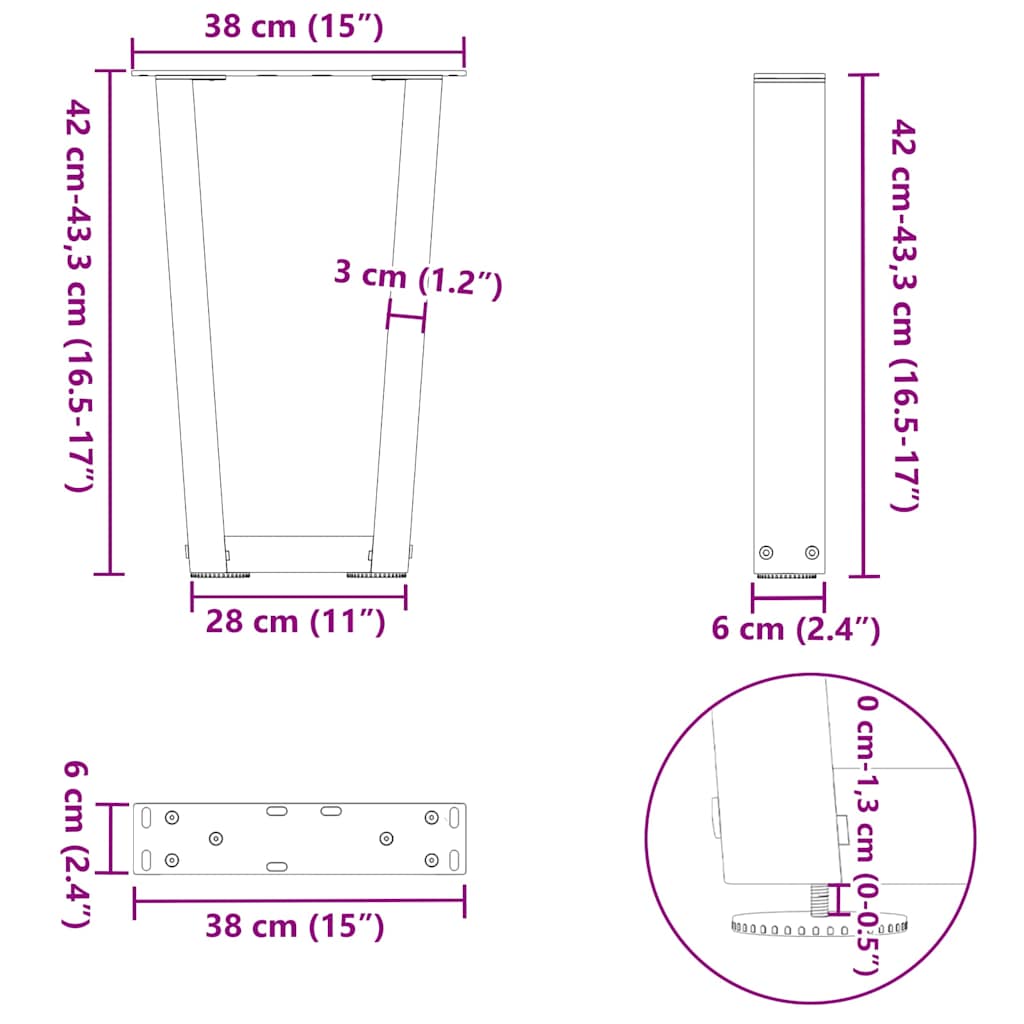 2 db fehér, V-alakú acél dohányzóasztal láb 38x(42-43,3) cm