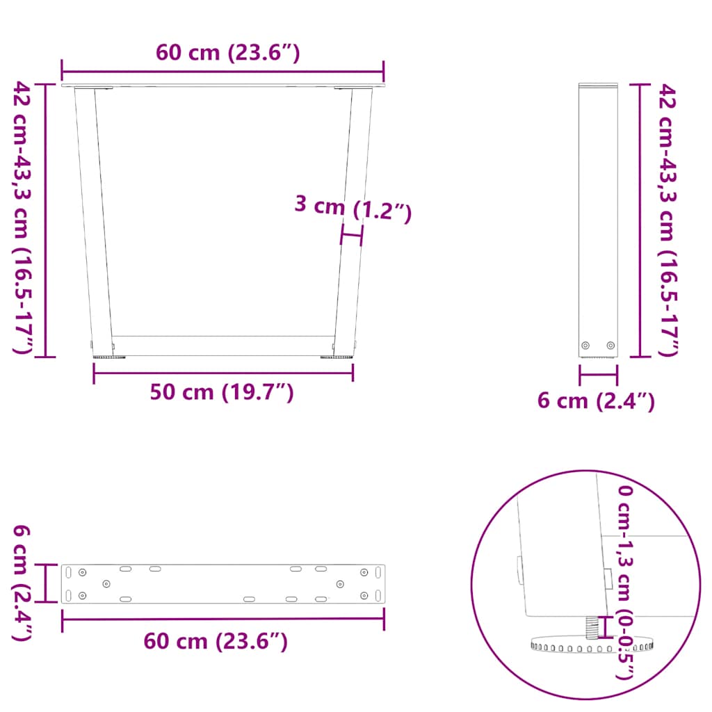 2 db fekete, V-alakú acél dohányzóasztal láb 60 x (42-43,3) cm