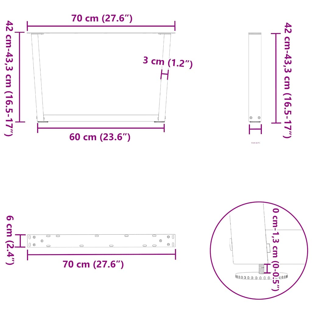 2 db fekete, V-alakú acél dohányzóasztal láb 70 x (42-43,3) cm