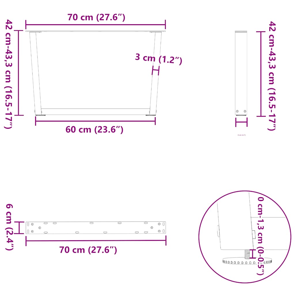 2 db antracitszürke, V-alakú acél dohányzóasztal láb 70 x (42-43,3) cm