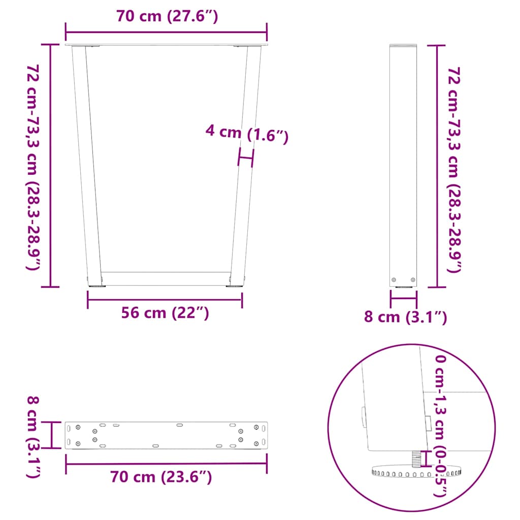 2 db V-alakú natúr acél étkezőasztal láb 70 x (72-73,3) cm acél