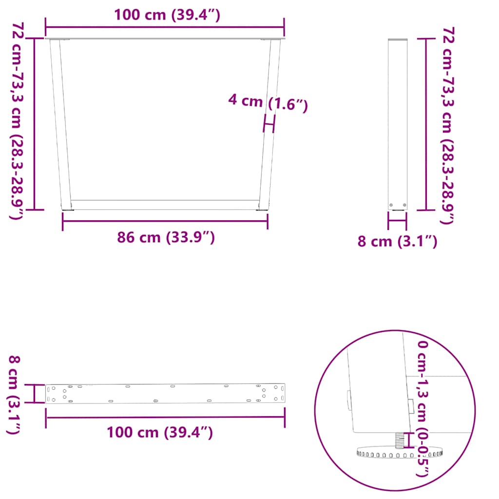 2 db antracitszürke étkezőasztal V-alakú láb 100 x (72-73,3) cm acél étkezőasztal láb