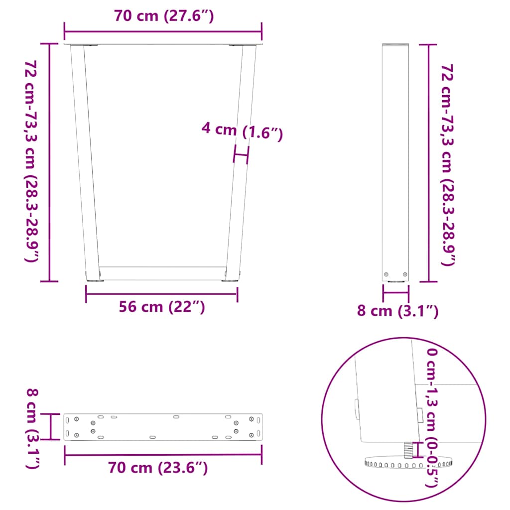 3 db antracitszürke, V-alakú acél étkezőasztalláb 70 x (72-73,3) cm