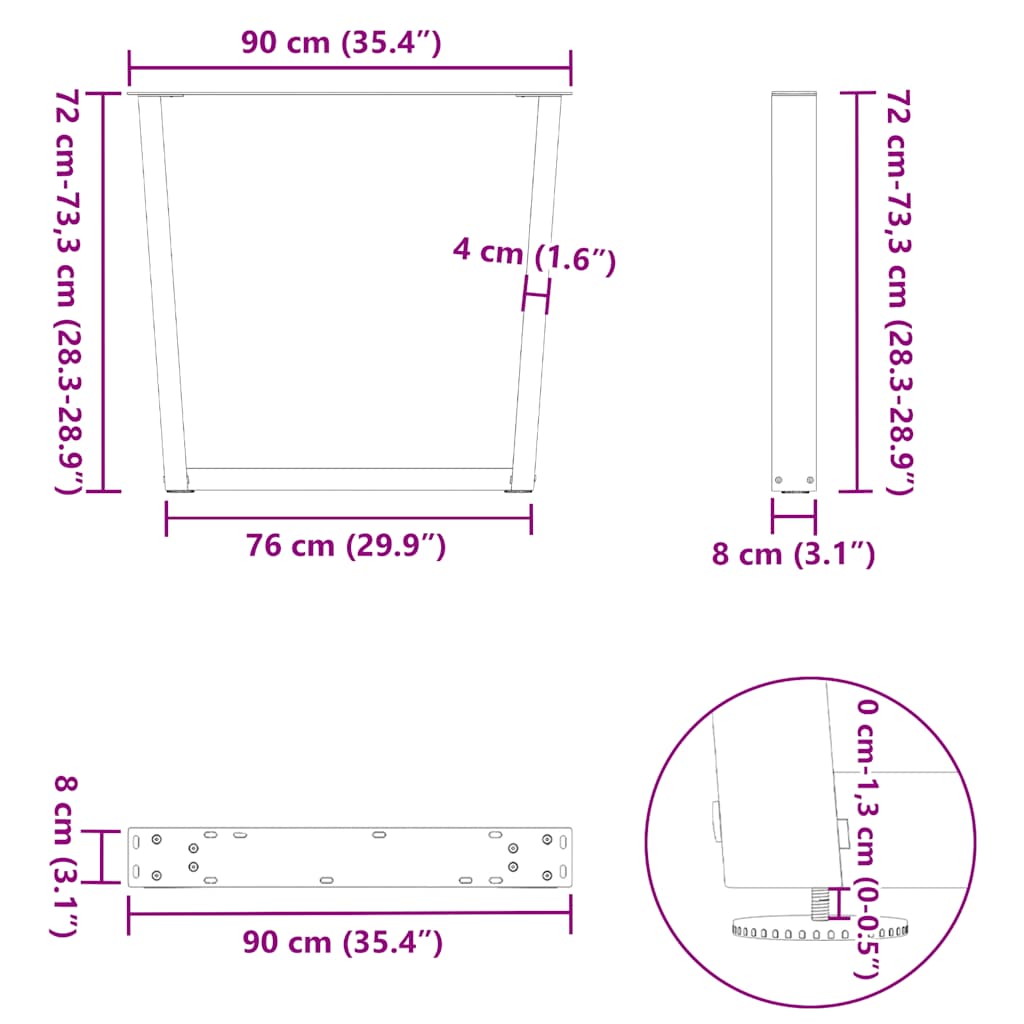 3 db fekete, V-alakú acél étkezőasztal láb 90 x (72-73,3) cm