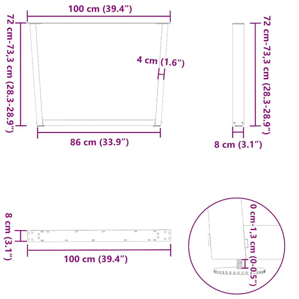 3 db V-alakú natúr acél étkezőasztal láb 100 x (72-73,3) cm acél