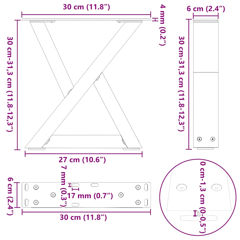 2 db fekete acél dohányzóasztal láb 30 x (30-31,3) cm
