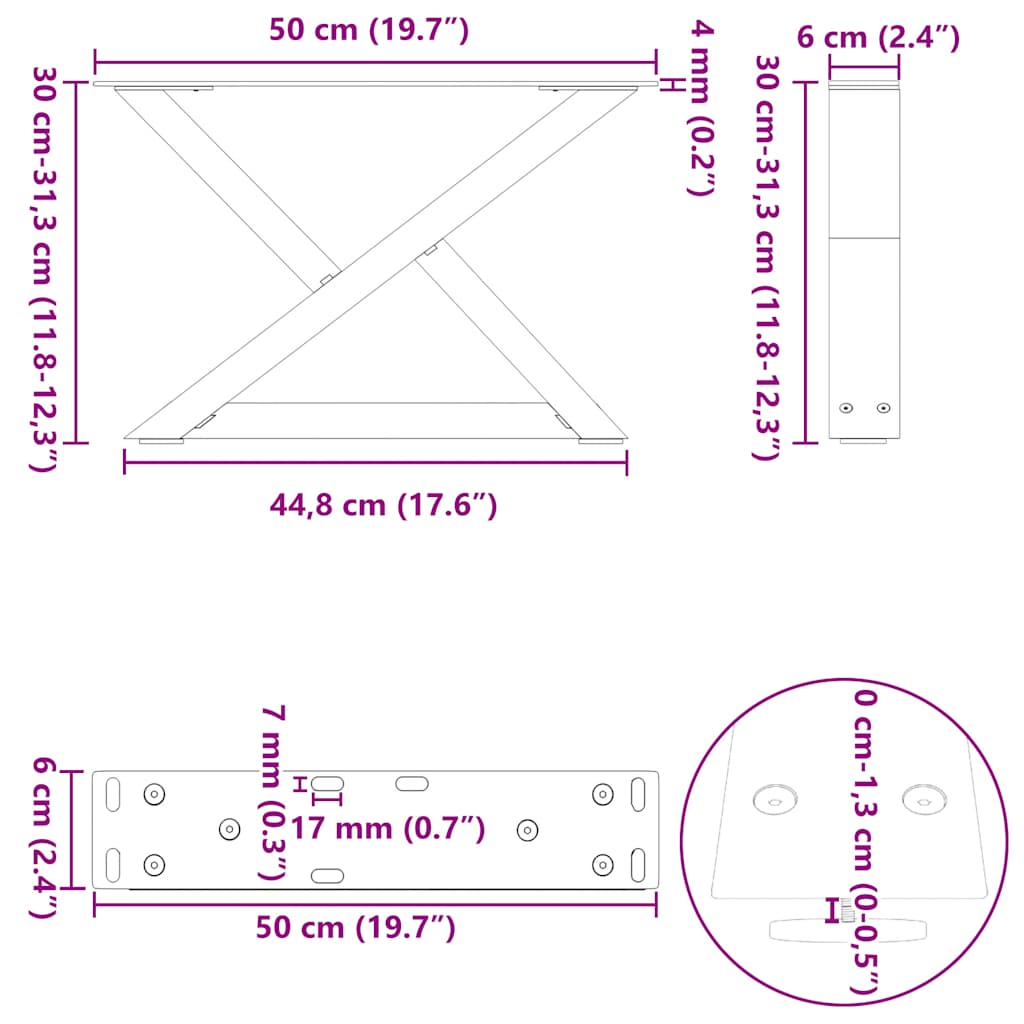 2 db fekete acél dohányzóasztal láb 50 x (30-31,3) cm