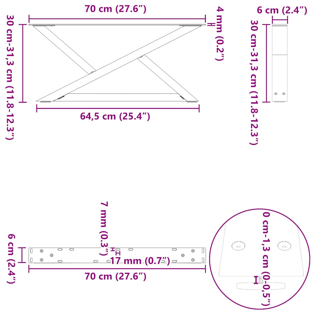 2 db fehér dohányzóasztal láb 70 x (30-31,3) cm acél dohányzóasztal láb