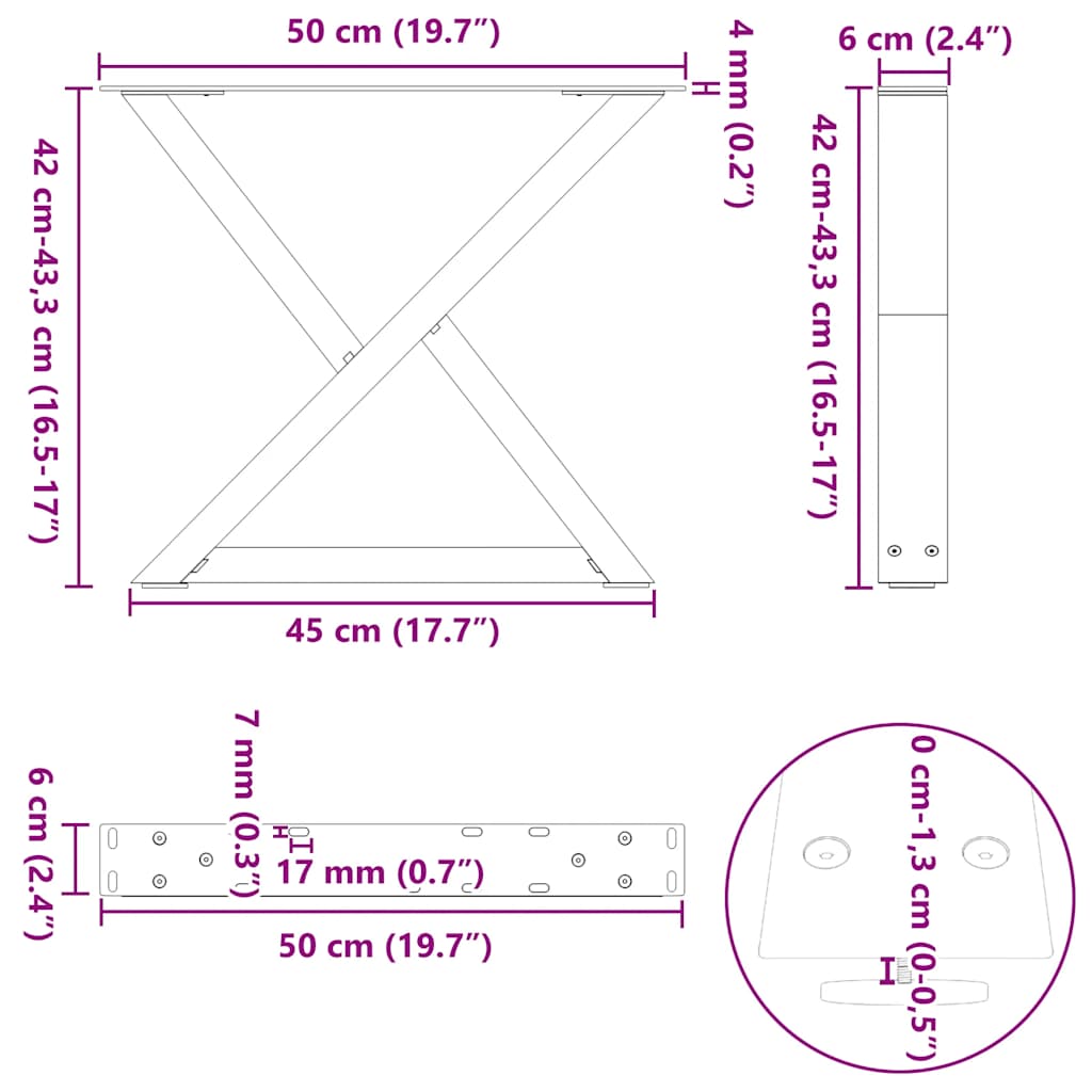 2 db fekete acél dohányzóasztal láb 50 x (42-43,3) cm