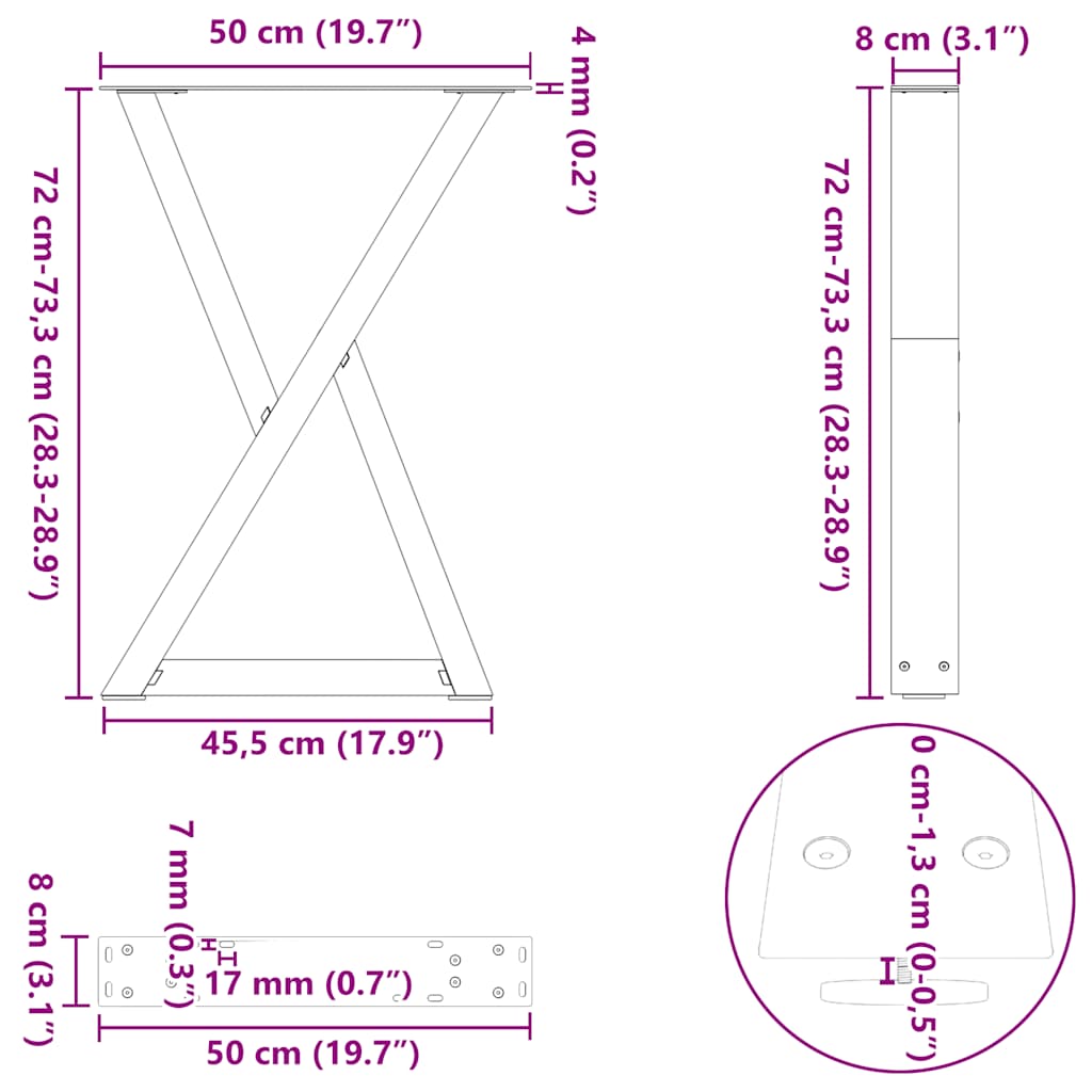 2 db fekete acél étkezőasztal láb 50 x (72-73,3) cm