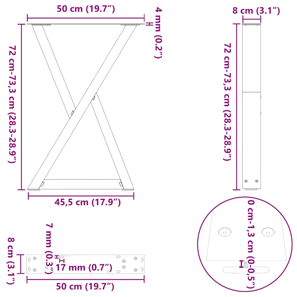2 db antracitszürke acél étkezőasztalláb 50x(72-73,3) cm