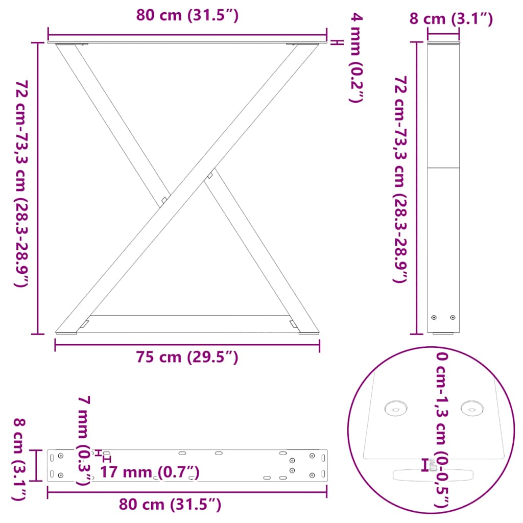 2 db fekete acél étkezőasztal láb 80 x (72-73,3) cm